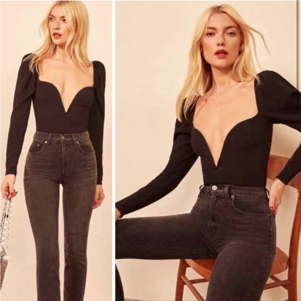 Reformation Black Deep V Long Sleeve Bodysuit